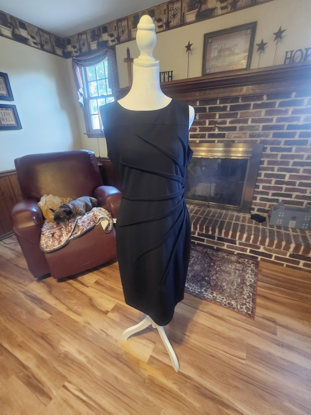 Calvin Klein Black Sleeveless Asymmetric Pleat Midi Dress